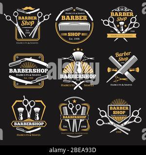 Anciens emblèmes et étiquettes vectoriels de barbershop. Panneaux coupe-cheveux anciens pour hommes. Illustration du logo du salon de coiffure Illustration de Vecteur