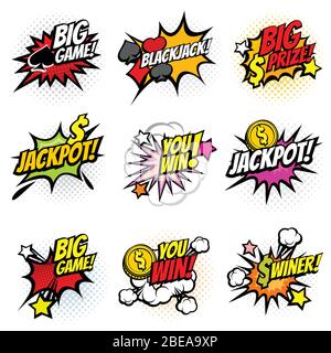 Autocollants bulles de jeu Vector Winning dans le style rétro pop art comics. Discours comique du gagnant de la bulle d'explosion. Illustration vectorielle Illustration de Vecteur