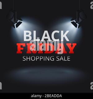 Fond vectoriel de vente de vendredi noir avec des spots sur scène et du texte éclairé. Bannière de remise du vendredi noir, illustration publicitaire promotionnelle Illustration de Vecteur