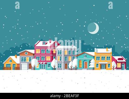 Chute de neige en ville d'hiver avec de petites maisons illustration vectorielle de dessin animé. Ville de Noël avec maison dans la neige, ville d'hiver rue vacances concept Illustration de Vecteur