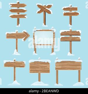 Panneaux en bois de dessin animé avec neige. Noël hiver vacances éléments vectoriels. Bannière en bois, illustration du panneau de signalisation et du guide de pointage Illustration de Vecteur