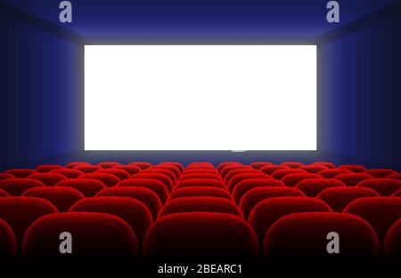 Intérieur réaliste de la salle de cinéma avec écran blanc vierge et illustration vectorielle sièges rouges. Spectacle de cinéma avec écran blanc vide Illustration de Vecteur