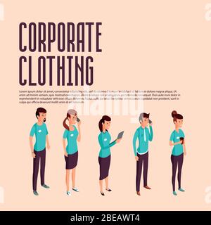 Illustration isométrique des vêtements d'entreprise. Se tenir debout dans une robe de couleur sur fond coloré vecteur Illustration de Vecteur