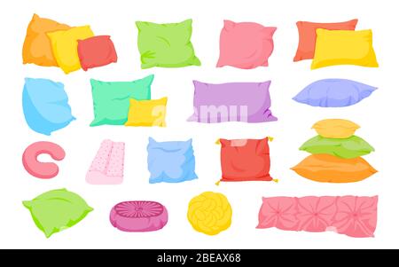 Ensemble de bandes dessinées plates à oreillers multicolores. Intérieur intérieur de la maison textile. Modèle de mockup avec oreillers de sommeil et canapé-lit. Plumes, tissu en bambou ECO. Coussin coloré, différentes formes. Illustration vectorielle isolée Illustration de Vecteur