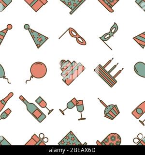Des icônes colorées vintage de fête sans coutures sur fond blanc. Illustration de la conception vectorielle de style dessin animé Illustration de Vecteur