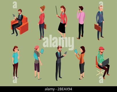 Différents employés de bureau assis et debout, utilisant des gadgets. Illustration vectorielle isométrique femme et homme. Les femmes et les hommes assis et debout Illustration de Vecteur