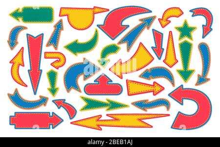 Jeu de bandes dessinées avec flèches. Motifs colorés de scrapbook. Le curseur indique différentes directions. Différentes flèches pointeur, cousue en couches. Style comique des années 80. Illustration vectorielle Illustration de Vecteur