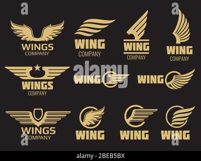 Collection de logos Wings - modèle de logo Wings auto doré. Logo Golden Wing Company, étiquette à ailes d'emblème, illustration vectorielle Illustration de Vecteur