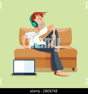 Homme reposant sur un canapé avec musique et ordinateur portable. Illustration vectorielle Illustration de Vecteur