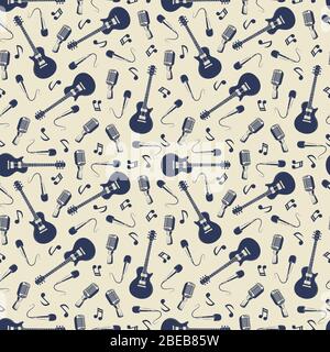 Motif musical vintage sans coutures avec guitares, microphones et notes musicales. Illustration vectorielle Illustration de Vecteur