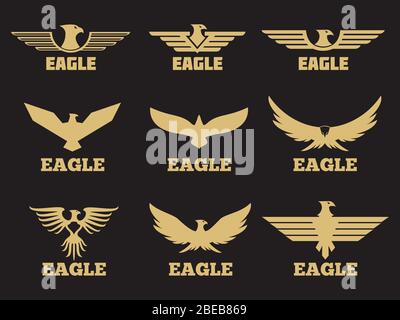 Collection de logos d'aigles héraldiques dorés sur fond noir. Silhouette de l'emblème de l'aigle vectoriel, icône représentant un élément oiseau de l'illustration de l'ensemble Illustration de Vecteur