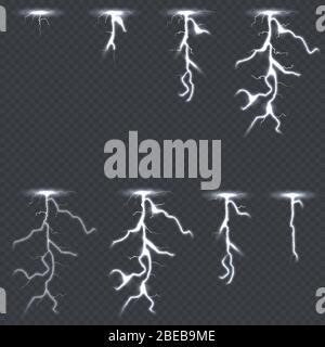 Éclairage thunderbolt défini isolé sur fond transparent. Effet thunderbolt d'étincelle d'énergie, illustration vectorielle Illustration de Vecteur