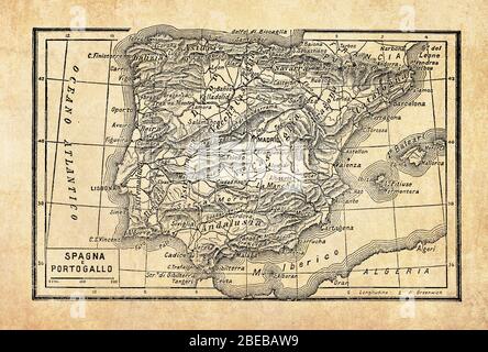 Cartes anciennes du pays espagnol sur la péninsule ibérique dans le sud-ouest de l'Europe à travers le détroit de Gibraltar et les côtes sur l'océan Atlantique et la mer Méditerranée, avec des noms et des descriptions géographiques italiens Banque D'Images