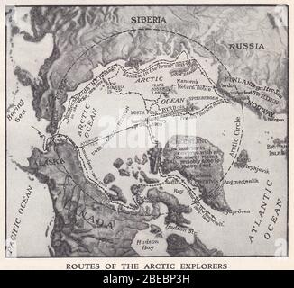 Carte des itinéraires des explorateurs de l'Arctique des années 1930. Banque D'Images
