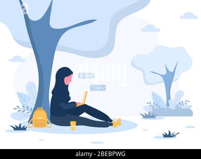 Femme indépendante. Une fille arabe dans le hijab avec un ordinateur portable assis dans le parc sous l'arbre. Illustration conceptuelle pour travailler en extérieur, étudier, communiquer Illustration de Vecteur