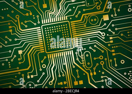 Technologies de l'information. Microchip sur carte de circuit imprimé, vue de dessus. Illustration Banque D'Images