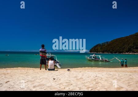 Les touristes asiatiques à admirer la vue sur la plage de la baie de l'Écorce, parc national Abel Tasman. L'île du Sud, Nouvelle-Zélande. Banque D'Images