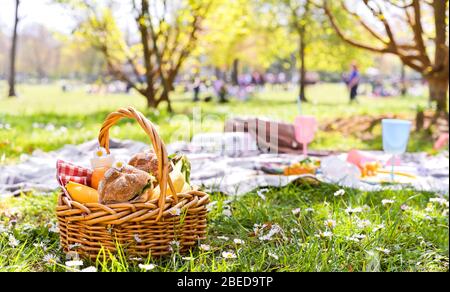 Déjeuner dans le parc sur l'herbe verte. Journée ensoleillée d'été et panier pique-nique. Sandwichs, hamburgers pour la nourriture de rue à l'extérieur. Espace de copie. Bannière. Mise au point douce. Gros plan Banque D'Images