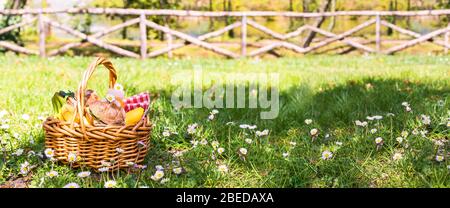 Déjeuner dans le parc sur l'herbe verte. Journée ensoleillée d'été et panier pique-nique. Sandwichs, hamburgers pour la nourriture de rue à l'extérieur. Espace de copie. Bannière Banque D'Images