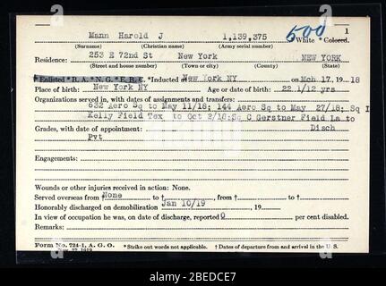Harold J. Mann (Brooks Benoît) l’honorable décharge du Service aérien de l’Armée des États-Unis WWI le 10 janvier 1919. Banque D'Images