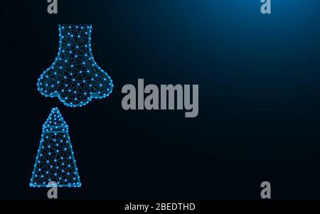 Nez et vaporisateur nasal à partir de points et de lignes sur fond bleu foncé, traitement de rhinite image filaire maillage polygonal vectoriel Illustration de Vecteur