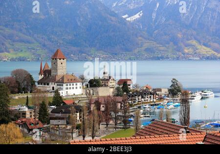 Port de Spiez, Château de Spiez et Lac Thun. La ville est située sur la rive sud du lac Thun. Suisse, Europe. Banque D'Images