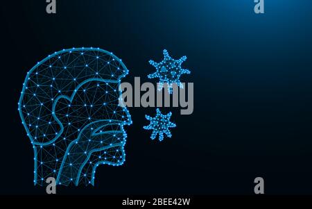 Homme avec système respiratoire et germes faits de points et de lignes sur fond bleu foncé, infection respiratoire maille filaire vecteur polygonal illust Illustration de Vecteur