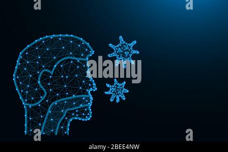 Homme avec système respiratoire et germes faits de points et de lignes sur fond bleu foncé, infection respiratoire maille filaire vecteur polygonal illust Illustration de Vecteur