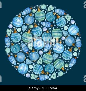 Cadre rond aux couleurs de Noël avec boules colorées, coeurs et neige sur fond sombre. Idéal pour les cartes de vœux, les invitations, les bannières et les affiches. Banque D'Images