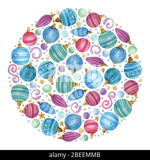 Cadre rond en aquarelle de Noël avec boules colorées et neige sur fond blanc. Idéal pour les cartes de vœux, les invitations, les bannières et les affiches. Banque D'Images