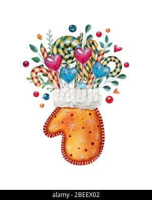 Illustration en aquarelle avec mitten plein de bonbons, sucettes, coeurs et éléments de décoration. Carte postale aquatique lumineuse avec bonbons. Banque D'Images