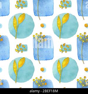 Motif aquarelle sans couture avec fleurs, feuilles et formes géométriques colorées sur fond clair. Aquarelle dorée dessinée à la main avec contour d'encre. Banque D'Images