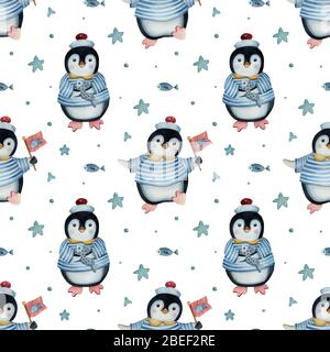 Motif aquarelle sans couture avec pingouins et éléments décoratifs sur fond blanc. Illustration drôle pour les enfants. Banque D'Images
