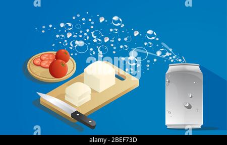 fromage haché et tomate avec boisson à base de fizz sur fond abstrait Illustration de Vecteur