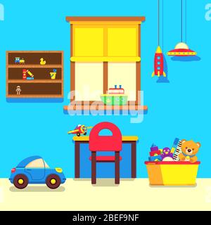 Intérieur de la chambre pour bébé avec fenêtre, espace de travail et collection de jouets. Chambre d'intérieur pour bébé avec meubles et jouets, illustration vectorielle Illustration de Vecteur