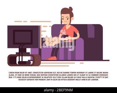 Fille simple avec chat et tasse de télévision de montre de thé - concept de fille de détente. Illustration vectorielle Illustration de Vecteur