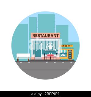 Concept de paysage urbain avec silhouette du centre-ville et restaurant et boulangerie haut en couleur devant. Illustration vectorielle Illustration de Vecteur