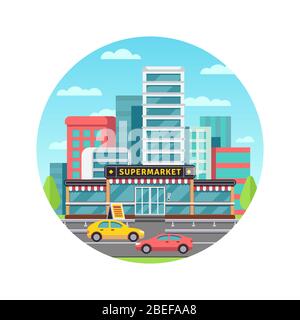 Épicerie dans un paysage urbain moderne avec concept commercial rond. Illustration vectorielle Illustration de Vecteur
