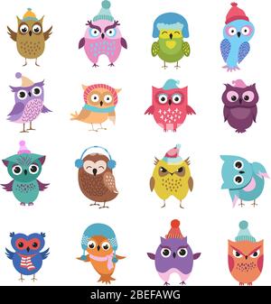 Drôle d'hiver hibou oiseaux dessins animés personnages vectoriels. Oiseau hibou de couleur dans chapeau et foulard d'hiver, illustration de l'owlet Illustration de Vecteur