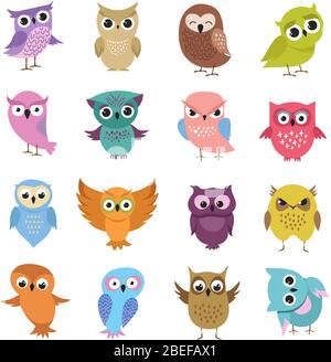 Mignons chouettes de bande dessinée. Collection de vecteurs d'oiseaux de forêt drôle. Jeu de dessins animés Owl, illustration des personnages d'oiseaux forestiers Illustration de Vecteur