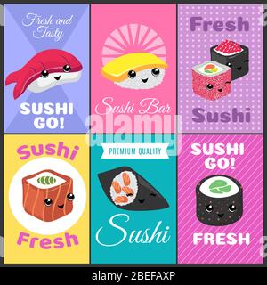 Affiches vectorielles à sushi vintage dans le style comique japonais. Bar à sushi avec bannière de couleur, illustration du menu japonais Illustration de Vecteur