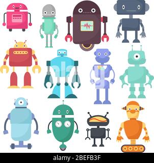 Mignons robots, personnages scientifiques vectoriels de machines cyborg. Cyborg et robot sympathique aux personnages, illustration de mascotte robotique Illustration de Vecteur