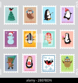 Timbres-poste Noël pour carte de vœux. Ensemble vectoriel de timbres de noël avec motif pingouins et chouette Illustration de Vecteur