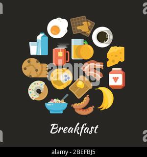 Concept vectoriel de petit déjeuner. Une cuisine fraîche et saine à l'état plat dans un motif circulaire. Petit déjeuner nourriture fruits et œufs, boisson orange et café illustration Illustration de Vecteur