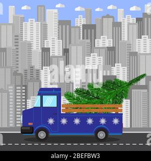 Camion de Noël bleu avec sapin vert sur le fond de l'édifice de Grey City Illustration de Vecteur