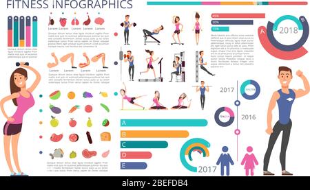 Infographie vectorielle sur l'activité physique, la forme physique et le mode de vie sain. Sport santé physique infographie, activité d'exercice et entraînement illustration de la salle de gym Illustration de Vecteur