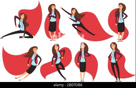 Super-héros de caricature femme d'affaires dans un cloak rouge. Actions différentes et pose le jeu de caractères superheros. Illustration vectorielle dame Super person Illustration de Vecteur