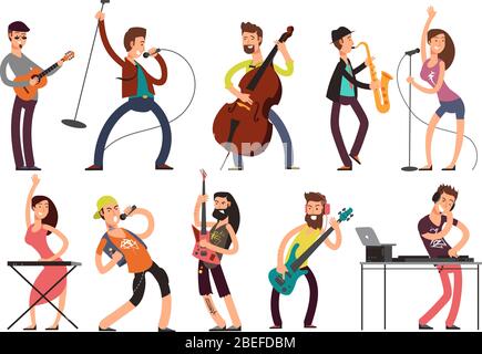 Les musiciens de rock et pop ont des personnages de dessins animés vectoriels. Jeunes guitaristes, batteurs et chanteurs artistes isolés. Rock band sur concert, guitariste et chanteur interprète illustration Illustration de Vecteur