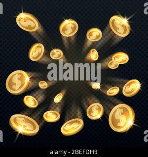 Golden dollar coins explosion isolated. Vector illustration for finance and gambling concept. Gold coin dollar and finance fortune Illustration de Vecteur