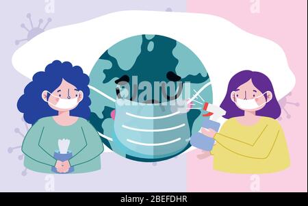 femmes monde avec masques et désinfectant vaporisateur, covid 19 coronavirus pandémique prévention illustration vectorielle Illustration de Vecteur